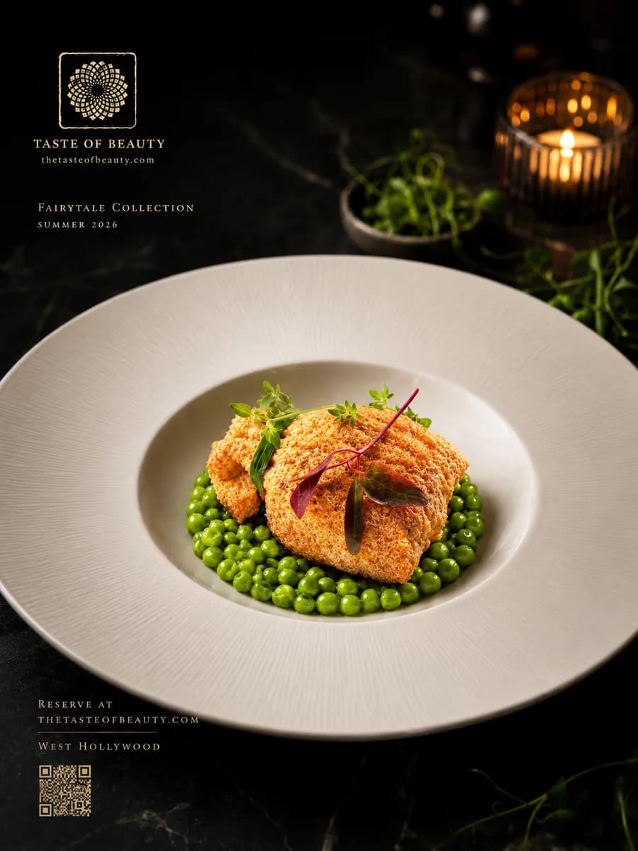 Golden tofu pouch served over green peas