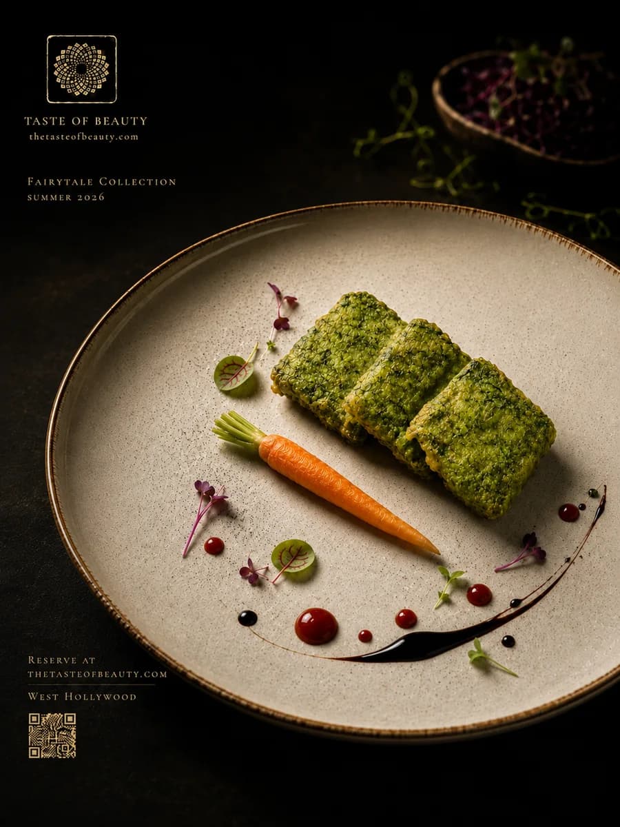 Herb-coated jicama cakes with cream and a delicate sauce