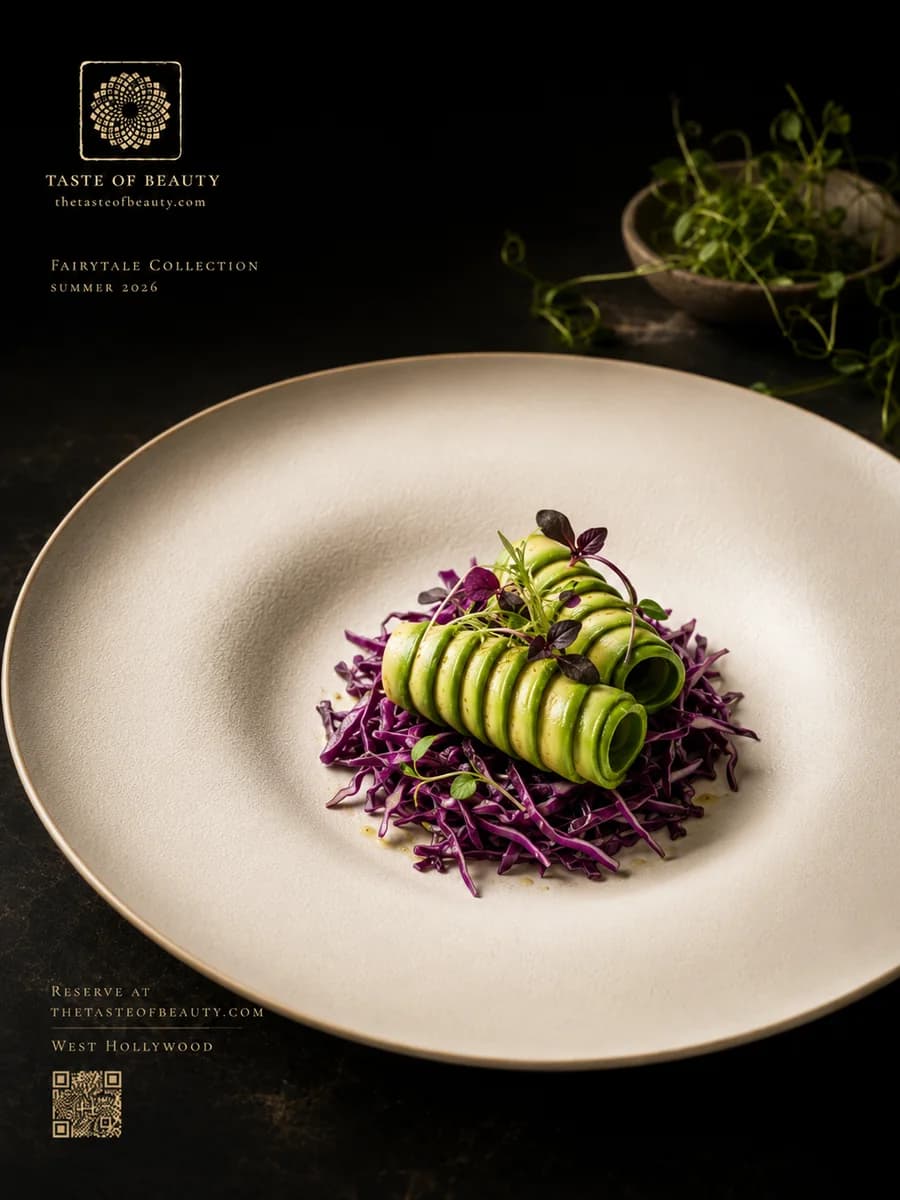 Sliced avocado over purple cabbage on a white plate