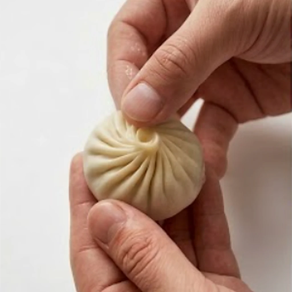 Hands folding a xiaolongbao wrapper
